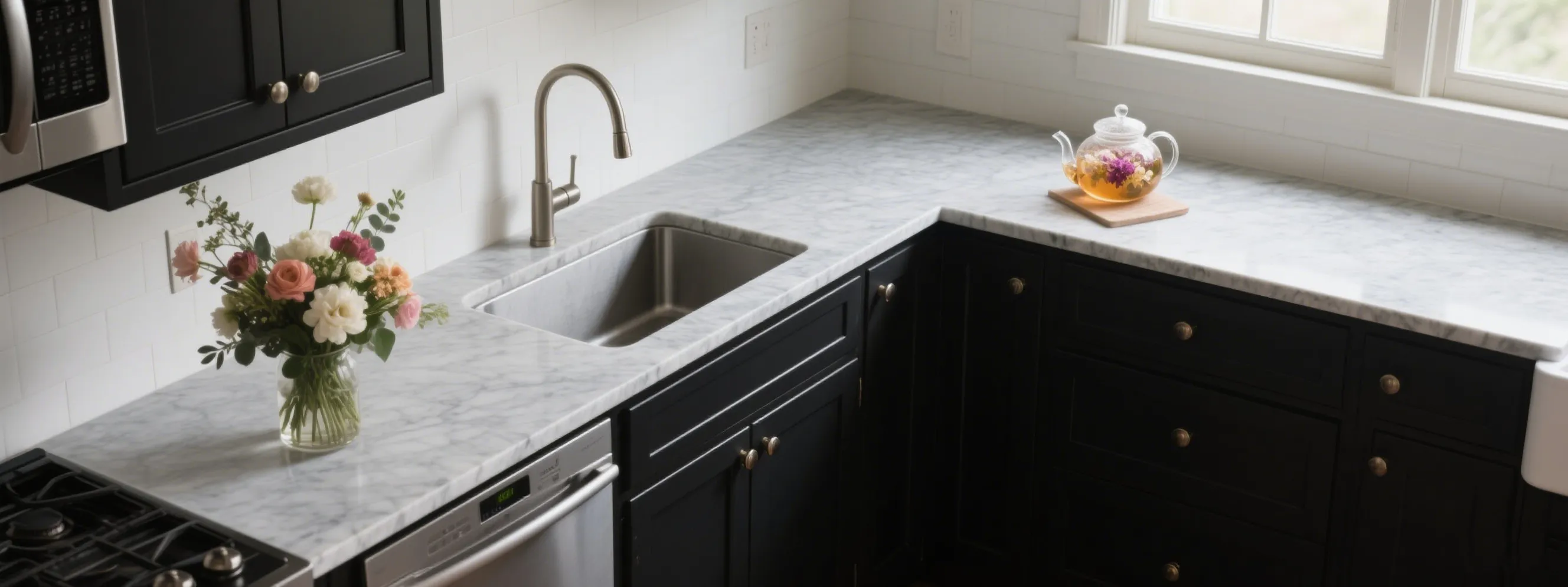 Minimalist black kitchen island with rectangular stainless steel sink, silver faucet, bright windows, white walls, and small plant decoration